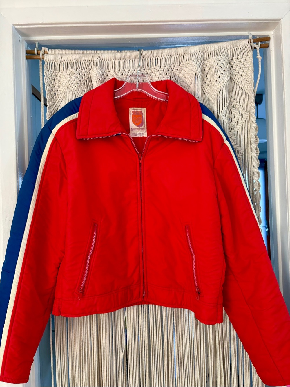 Red Puffer Jacket with Blue & White Stripe Detail-  Vintage Men’s Ski Jacket